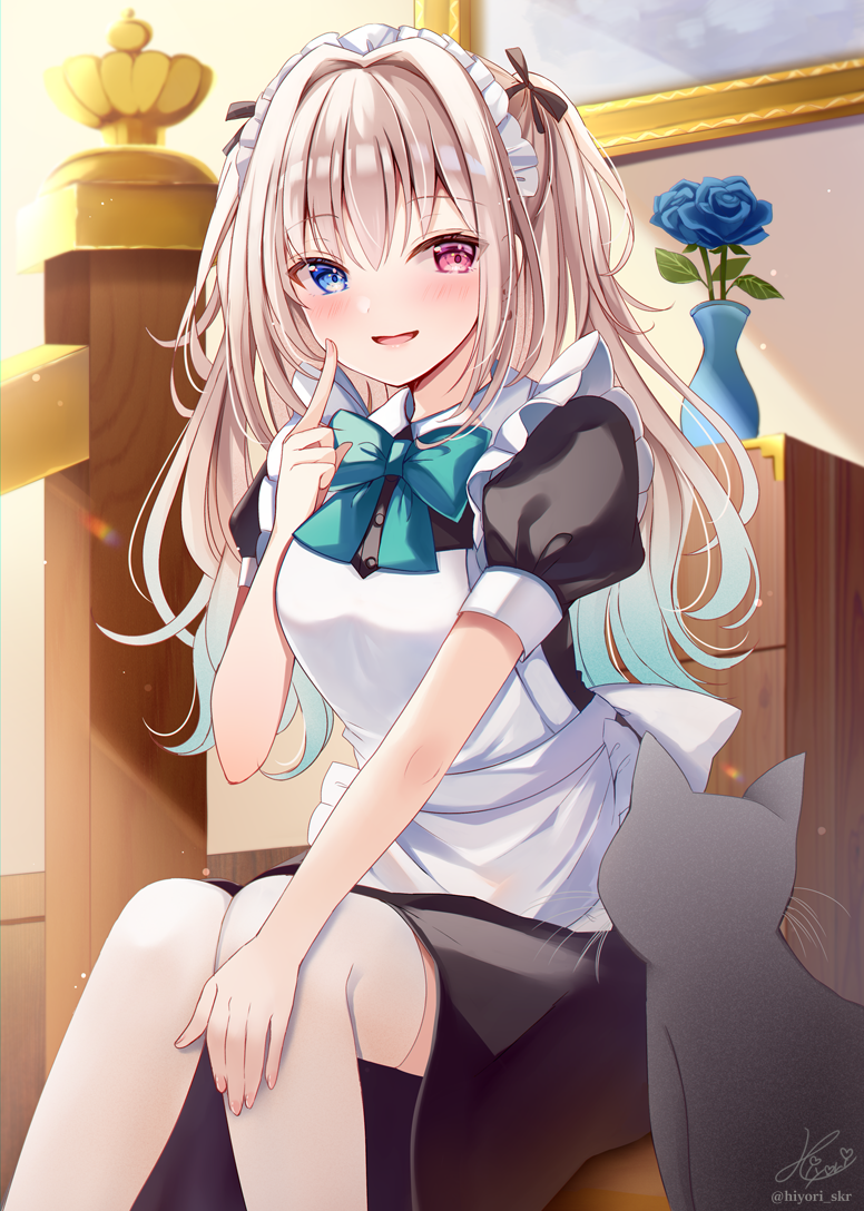 1girl :d animal apron black_bow black_cat black_dress blue_eyes blue_flower blue_hair blue_rose bow cat collared_dress commentary_request dress feet_out_of_frame flower frilled_apron frills gradient_hair green_bow hair_bow hair_intakes heterochromia indoors knees_together_feet_apart light_brown_hair long_hair maid maid_apron maid_headdress multicolored_hair original puffy_short_sleeves puffy_sleeves red_eyes rose sakura_hiyori short_sleeves sitting smile solo thigh-highs two_side_up vase very_long_hair white_apron