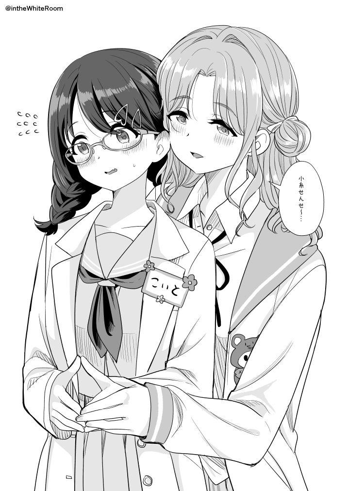 2girls black_hair blush braid cardigan commentary_request fang flying_sweatdrops fukumaru_koito glasses greyscale hair_bun hug hug_from_behind ichikawa_hinana idolmaster idolmaster_shiny_colors labcoat long_hair low_twin_braids monochrome multiple_girls neckerchief open_cardigan open_clothes pleated_skirt school_uniform serafuku single_hair_bun single_side_bun skin_fang skirt takeshisu translation_request twin_braids twintails white_background