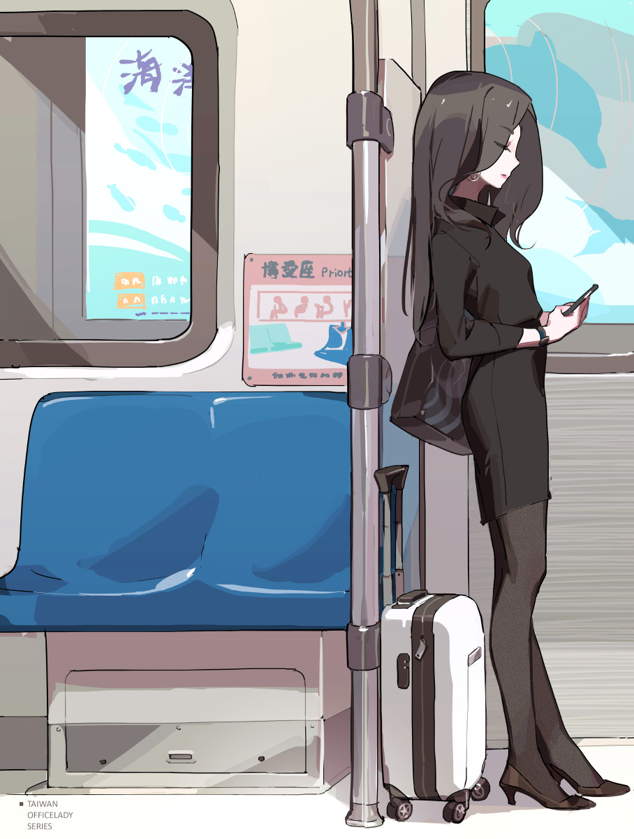 1girl bag black_footwear black_hair black_skirt black_sleeves cellphone closed_eyes closed_mouth commentary dolphin earrings eyes_visible_through_hair full_body high_heels highres holding indoors jewelry leaning_back long_hair office_lady original pantyhose phone shadow skirt solo standing stopwatch suitcase taiwan tennohi train_interior