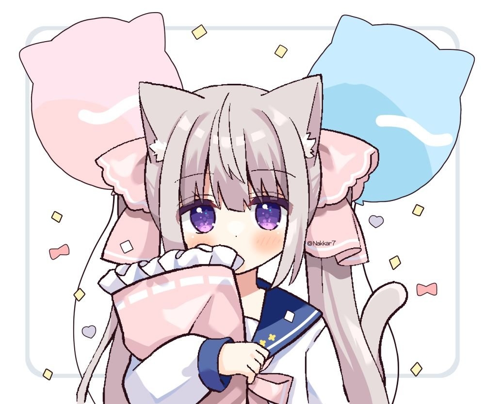 1girl animal_ear_fluff animal_ears balloon bangs blue_sailor_collar blush bow cat_ears cat_girl cat_tail commentary_request confetti covered_mouth dress frilled_pillow frills grey_background grey_hair hair_between_eyes hair_ribbon heart long_hair long_sleeves nakkar object_hug original pillow pillow_hug pink_bow pink_ribbon puffy_long_sleeves puffy_sleeves ribbon sailor_collar sleeves_past_wrists solo tail tail_raised twintails twitter_username two-tone_background upper_body very_long_hair violet_eyes white_background white_dress