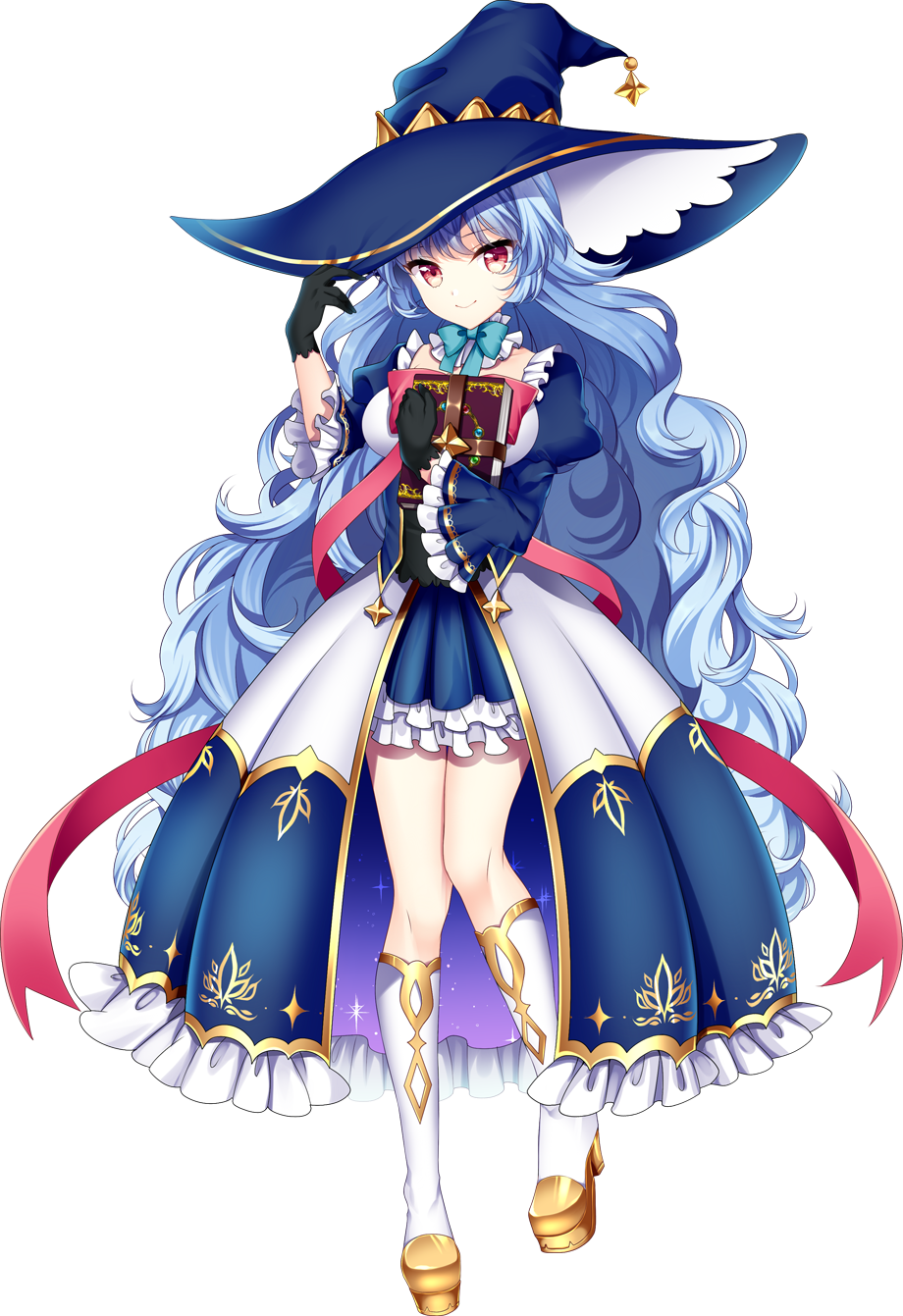 1girl agekichi_(heart_shape) artwhirl_mahou_gakuen_no_otome-tachi black_gloves blue_bow blue_bowtie blue_hair blue_headwear blue_skirt bow bowtie choker closed_mouth curly_hair full_body gloves hat highres holding kneehighs layered_skirt long_hair long_sleeves looking_at_viewer miniskirt pleated_skirt red_eyes silvia_(artwhirl) skirt smile socks solo standing transparent_background very_long_hair waist_cape white_choker witch_hat