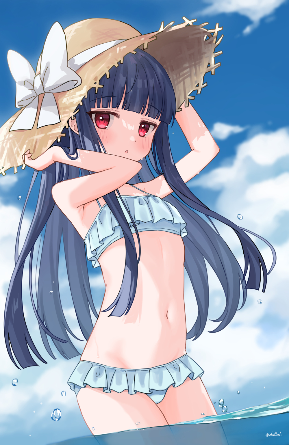 1girl bangs bikini blue_bikini blue_hair blue_sky blush bow chestnut_mouth child clouds commentary day dot_nose eluthel flat_chest frilled_bikini frills hands_on_headwear hands_up hat highres idolmaster idolmaster_cinderella_girls long_hair looking_at_viewer navel outdoors partially_submerged red_eyes sajo_yukimi sky solo stomach straw_hat swimsuit thighs water water_drop wet white_bow