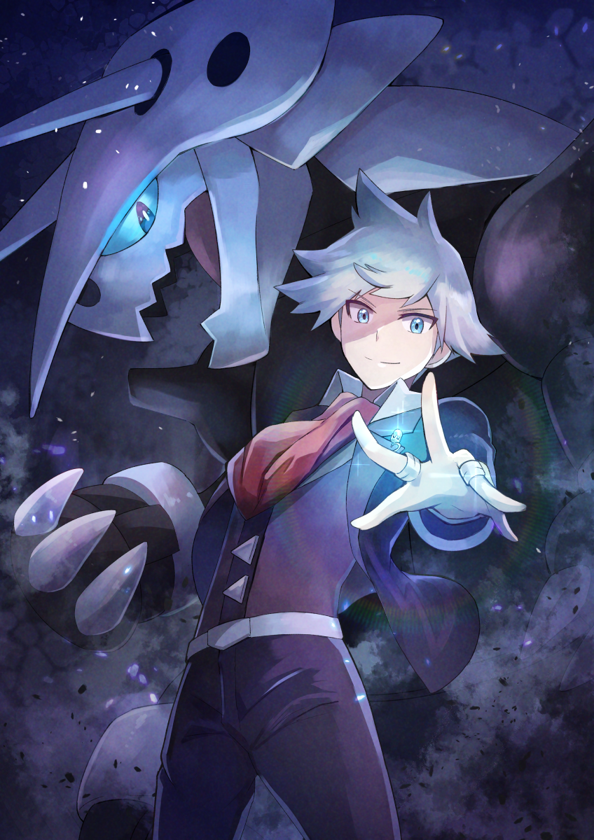 1boy aggron bangs blue_eyes claws closed_mouth collared_shirt commentary_request highres jacket jewelry looking_at_viewer male_focus necktie open_clothes open_jacket pants pokemon pokemon_(creature) pokemon_(game) pokemon_oras red_necktie ring shirt short_hair smile split_mouth steven_stone vest white_shirt zeroki_(izuno)