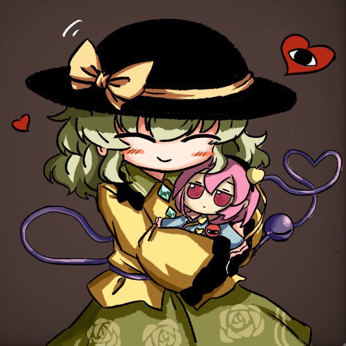 1girl bangs black_background black_headwear bow closed_eyes cowboy_shot doll doll_hug floral_print fumo_(doll) green_hair green_skirt hat hat_bow heart heart_of_string heripantomorrow holding holding_doll hug komeiji_koishi komeiji_satori object_hug rose_print shirt short_hair simple_background skirt solo standing third_eye touhou yellow_bow yellow_shirt