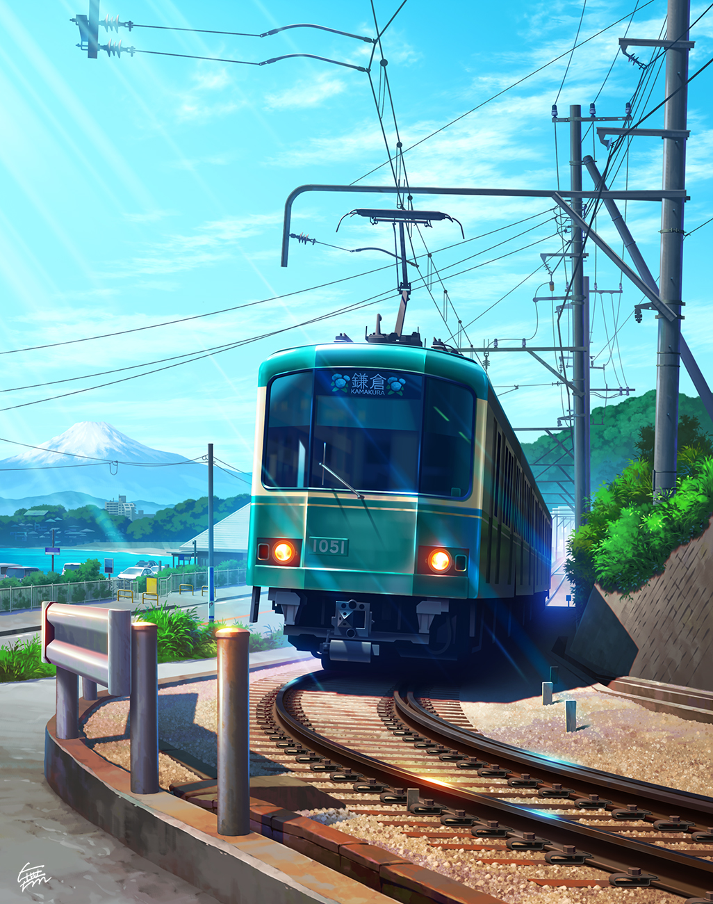 blue_sky bollard clouds commentary_request enoshima_electric_railway grass ground_vehicle guard_rail highres mountain mugumo_24k no_humans original outdoors power_lines railroad_tracks scenery sky train utility_pole watermark