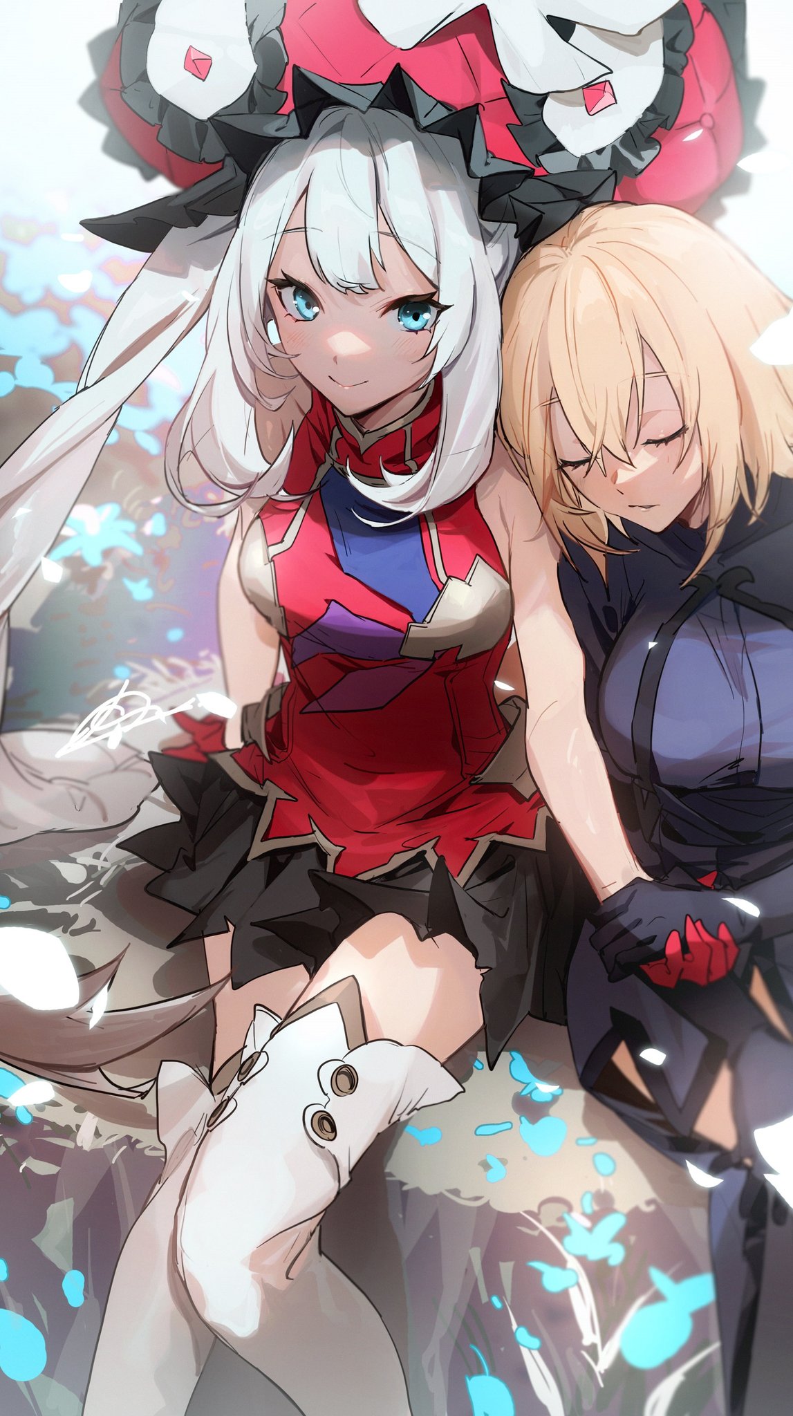 2girls bangs bare_shoulders black_gloves black_skirt blonde_hair blue_flower blue_jacket breasts buttons closed_eyes closed_mouth dress fate/apocrypha fate/grand_order fate_(series) flower frilled_hat frills gloves hair_between_eyes hat headpiece highres holding holding_sword holding_weapon jacket jeanne_d'arc_(fate) long_hair looking_at_viewer marie_antoinette_(fate) miniskirt multiple_girls no-kan petals red_dress red_gloves red_headwear short_hair simple_background skirt sleepy smile sword twintails very_long_hair weapon white_footwear