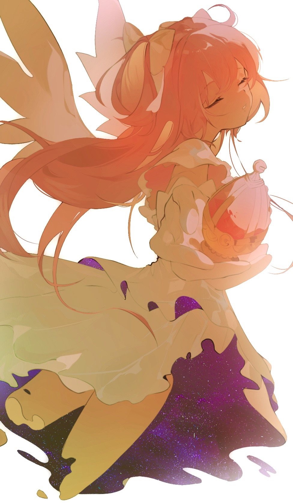1girl bangs bow cangshu_cao closed_eyes cropped_legs dissolving dress feet_out_of_frame floating_hair foreshortening from_side gem gloves goddess_madoka hair_bow highres holding holding_gem kaname_madoka layered_dress long_hair mahou_shoujo_madoka_magica outstretched_arm parted_lips pink_hair short_sleeves simple_background solo soul_gem two_side_up white_background white_dress white_gloves wings