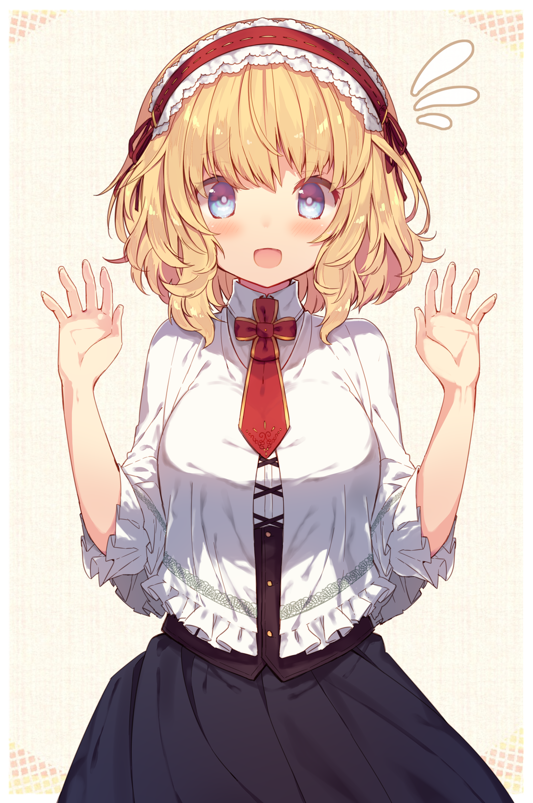 1girl alice_margatroid alternate_costume black_skirt blonde_hair blue_eyes blush breasts capelet collar corset flying_sweatdrops frilled_hairband frilled_shirt frills hairband hands_up highres large_breasts long_sleeves looking_at_viewer necktie open_mouth red_necktie shirt short_hair skirt smile solo standing touhou usamata white_collar white_shirt