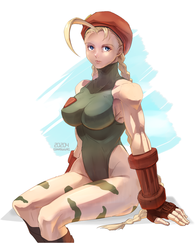 1girl ahoge beret blonde_hair blue_eyes braid breasts cammy_white closed_mouth fingerless_gloves gloves green_leotard hat huge_ahoge leotard long_hair looking_at_viewer osanpogakari simple_background solo street_fighter street_fighter_ii_(series) thong_leotard twin_braids