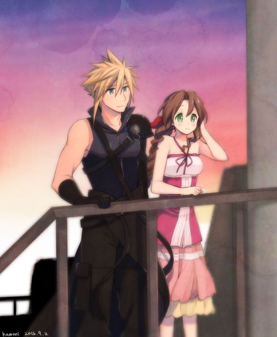 1boy 1girl aerith_gainsborough armor bangs bare_arms black_gloves black_pants blonde_hair blue_eyes blue_shirt blush braid braided_ponytail breasts brown_hair cloud_strife dress final_fantasy final_fantasy_vii final_fantasy_vii_advent_children gloves green_eyes hair_between_eyes hair_ribbon halterneck hand_in_own_hair hand_on_railing high_collar kingdom_hearts kingdom_hearts_ii krudears medium_breasts open_collar pants parted_bangs pink_dress red_ribbon ribbon shirt short_hair shoulder_armor sidelocks spiky_hair standing strap sunset upper_body wavy_hair