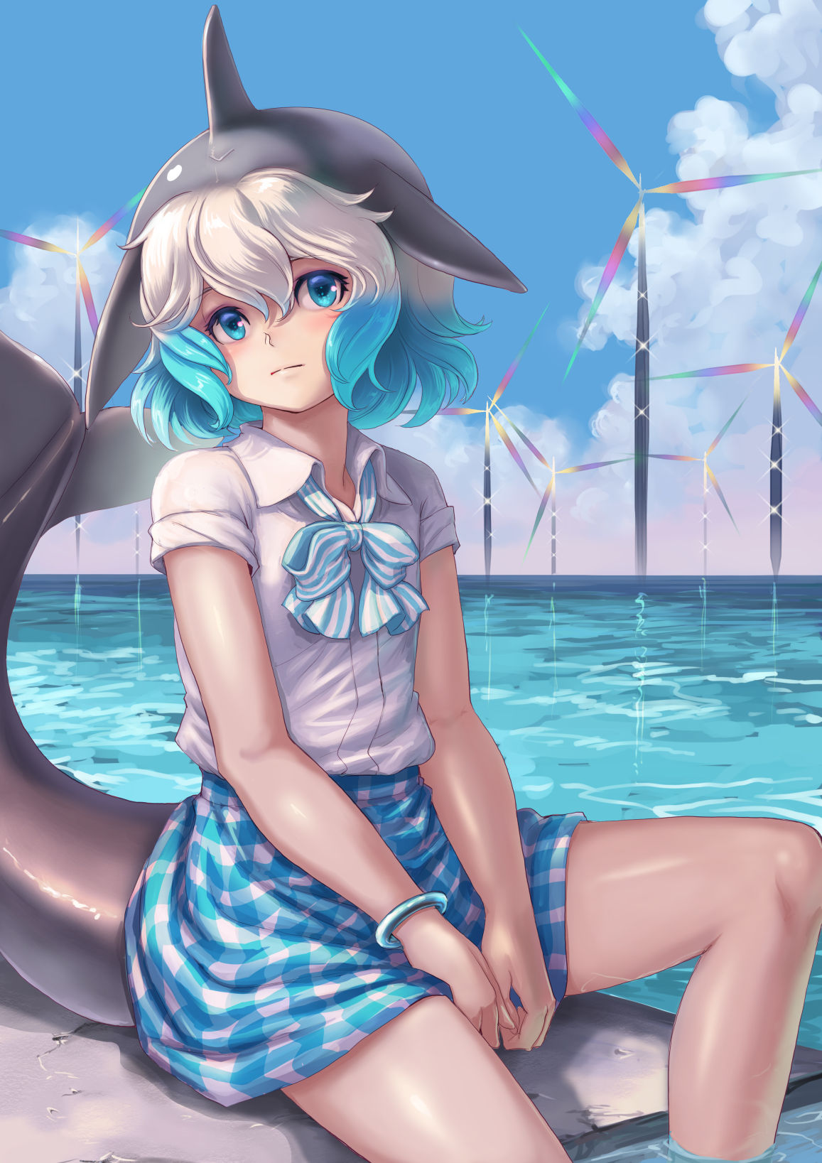 1girl bangs bare_arms black_hair blowhole blue_eyes blue_hair bow bowtie cetacean_tail closed_mouth collared_shirt common_bottlenose_dolphin_(kemono_friends) day dolphin_girl dorsal_fin expressionless fins hair_between_eyes head_fins head_tilt highres horizon kemono_friends kosai_takayuki looking_at_viewer medium_hair miniskirt multiple_girls ocean outdoors shirt short_sleeves sitting skirt solo tail_fin water white_hair wind_turbine wing_collar