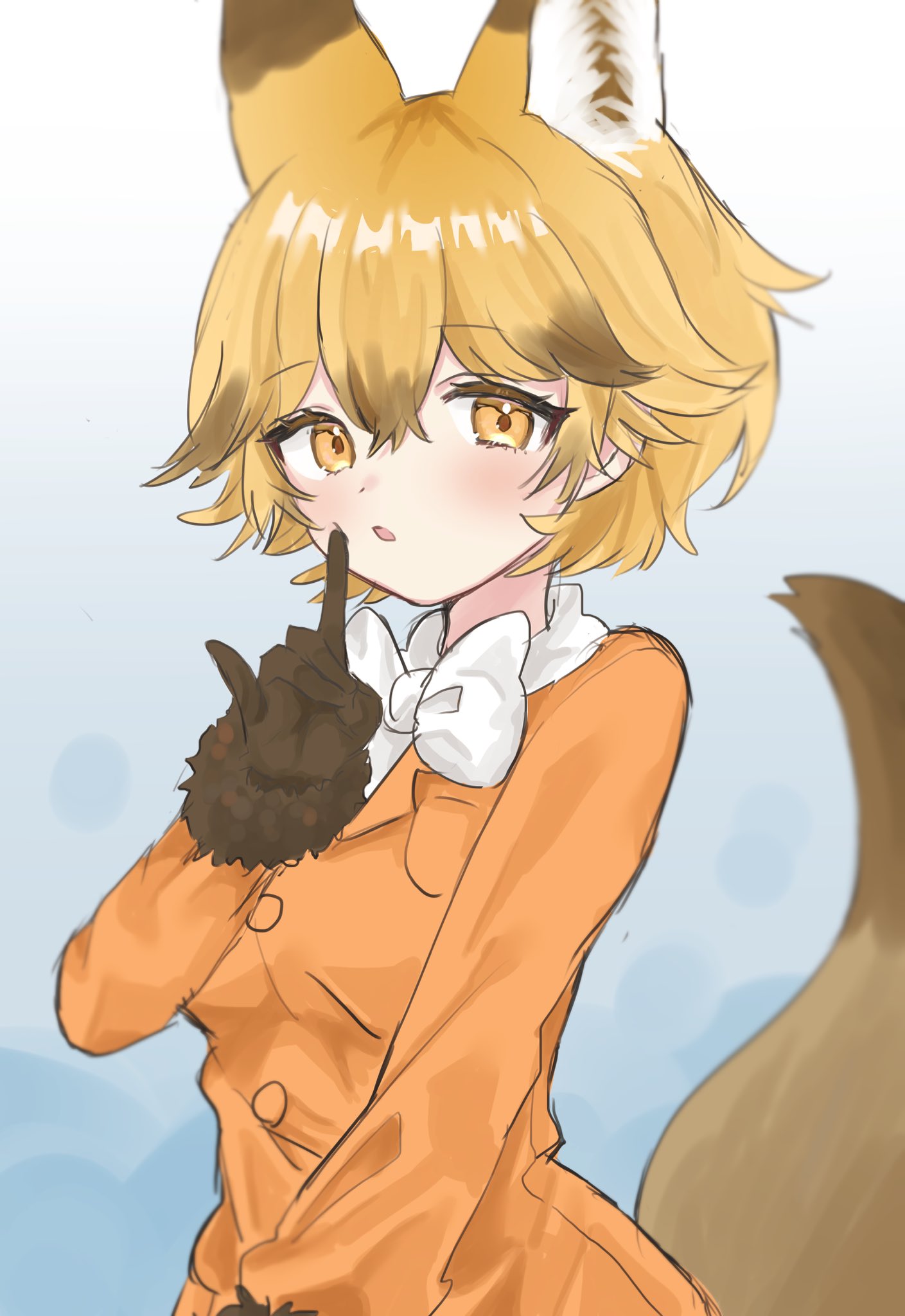 1girl alternate_hairstyle animal_ears blush bow bowtie brown_gloves brown_hair commentary_request extra_ears ezo_red_fox_(kemono_friends) finger_to_mouth fox_ears fox_girl fox_shadow_puppet fox_tail fur_trim gloves hair_between_eyes highres jacket kemono_friends long_sleeves megumi_222 orange_eyes orange_hair orange_jacket short_hair solo tail upper_body white_bow white_bowtie