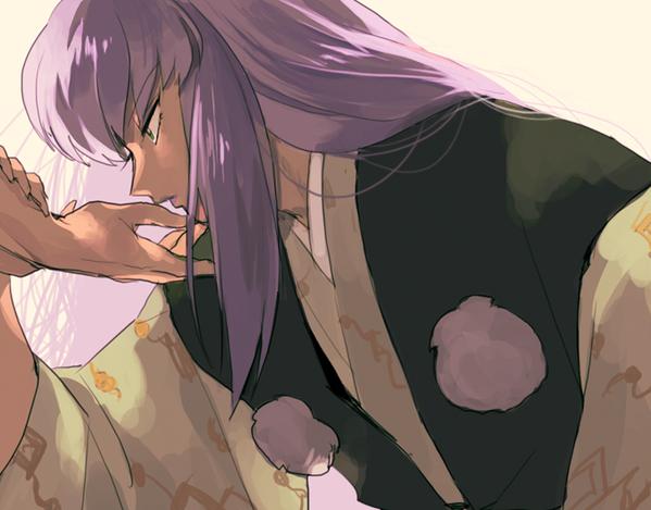 1boy androgynous bangs eyelashes from_side hand_up holding_another's_arm inuyasha japanese_clothes juuroumaru kimono kiss kissing_hand leaning_forward long_hair looking_at_another looking_away male_focus mumu2126 out_of_frame pom_pom_(clothes) profile purple_hair sidelocks solo_focus upper_body vest