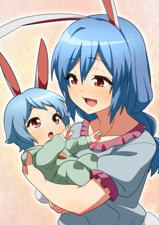 1girl androgynous animal_ears baby blue_hair carrot check_commentary collar commentary_request frilled_collar frilled_sleeves frills happy jeno looking_at_another moon_rabbit mother_and_child open_mouth rabbit_ears rabbit_tail red_eyes seiran_(touhou) short_hair short_sleeves smile tail touhou