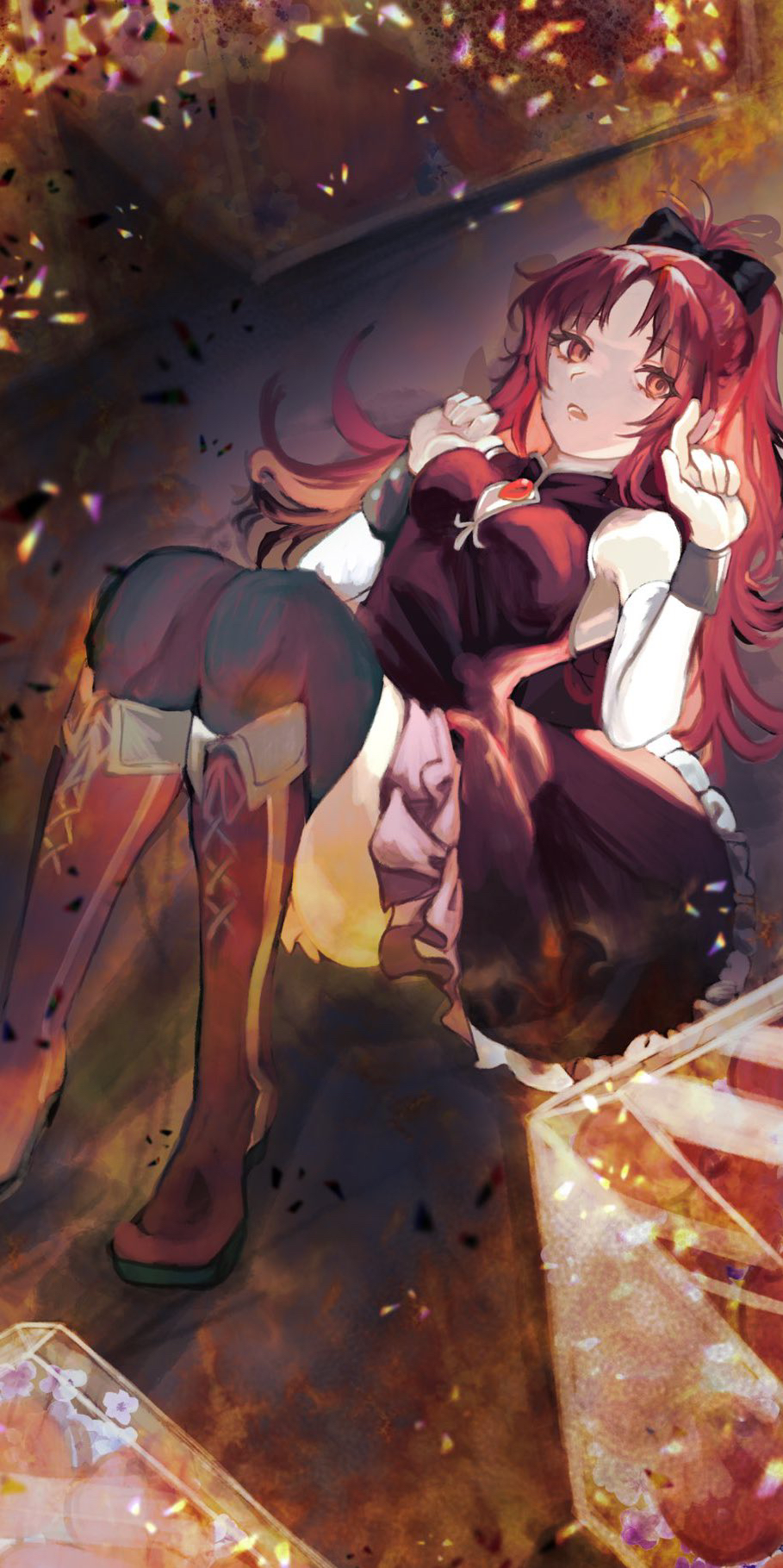 1girl black_bow black_dress black_thighhighs boots bow brown_footwear cleavage_cutout clothing_cutout detached_sleeves dress h11_n2 hair_bow highres knee_boots layered_dress long_hair long_sleeves looking_to_the_side lying mahou_shoujo_madoka_magica on_back parted_lips ponytail red_eyes redhead sakura_kyouko shiny shiny_hair short_dress sleeveless sleeveless_dress solo thigh-highs very_long_hair white_sleeves zettai_ryouiki