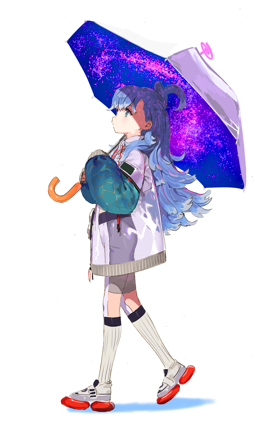 1girl blue_hair braid colored_tips cropped_hoodie crown_braid eyewear_hang eyewear_removed hair_behind_ear highres holding holding_umbrella hololive hololive_indonesia hood hoodie jacket kobo_kanaeru limiter_(tsukumo_sana) liquid_hair multicolored_hair pako_(pakosun) raincoat see-through see-through_jacket sleeves_past_fingers sleeves_past_wrists solo starry_sky_print umbrella virtual_youtuber white_hair white_hoodie