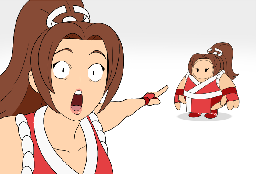 1girl 1other bangs black_eyes brown_hair collarbone cosplay crossover english_commentary fall_guy fall_guys hair_behind_ear meme open_mouth parted_bangs pelvic_curtain pointing ponytail redsnakedraws shiranui_mai shiranui_mai_(cosplay) surpised the_king_of_fighters two_soyjaks_pointing_(meme) white_background