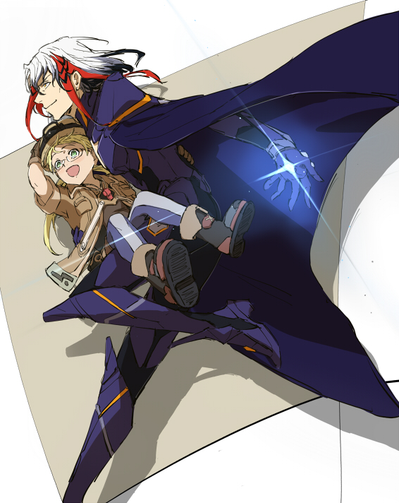 1boy 1girl blonde_hair boots cape carrying carrying_person commentary crossover fate/grand_order fate_(series) glasses glowing glowing_hand helmet made_in_abyss multicolored_hair odysseus_(fate) riko_(made_in_abyss) siwomi smile whistle whistle_around_neck