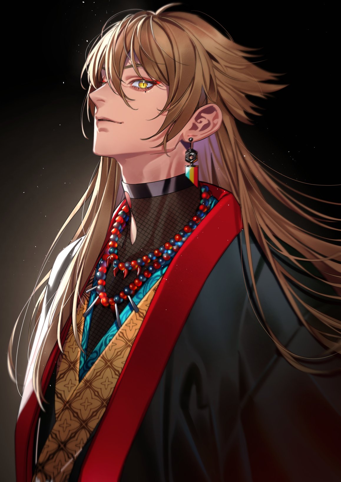 1boy bangs bead_necklace beads brown_hair closed_mouth earrings highres jewelry light_particles long_hair looking_at_viewer male_focus necklace original solo tenobe upper_body yellow_eyes