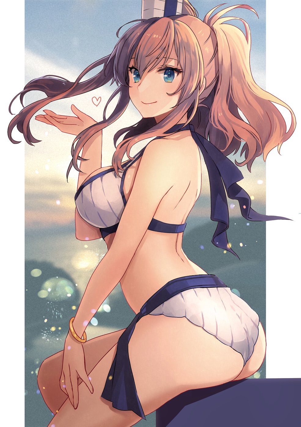 1girl alternate_costume ass back beach bikini blue_eyes blurry blurry_background bracelet breasts brown_hair hair_between_eyes hair_ornament heart highres jewelry kantai_collection kasumi_(skchkko) large_breasts looking_at_viewer looking_to_the_side ocean official_alternate_costume ponytail saratoga_(kancolle) side_ponytail sitting smile smokestack solo sun sunset swimsuit water white_bikini