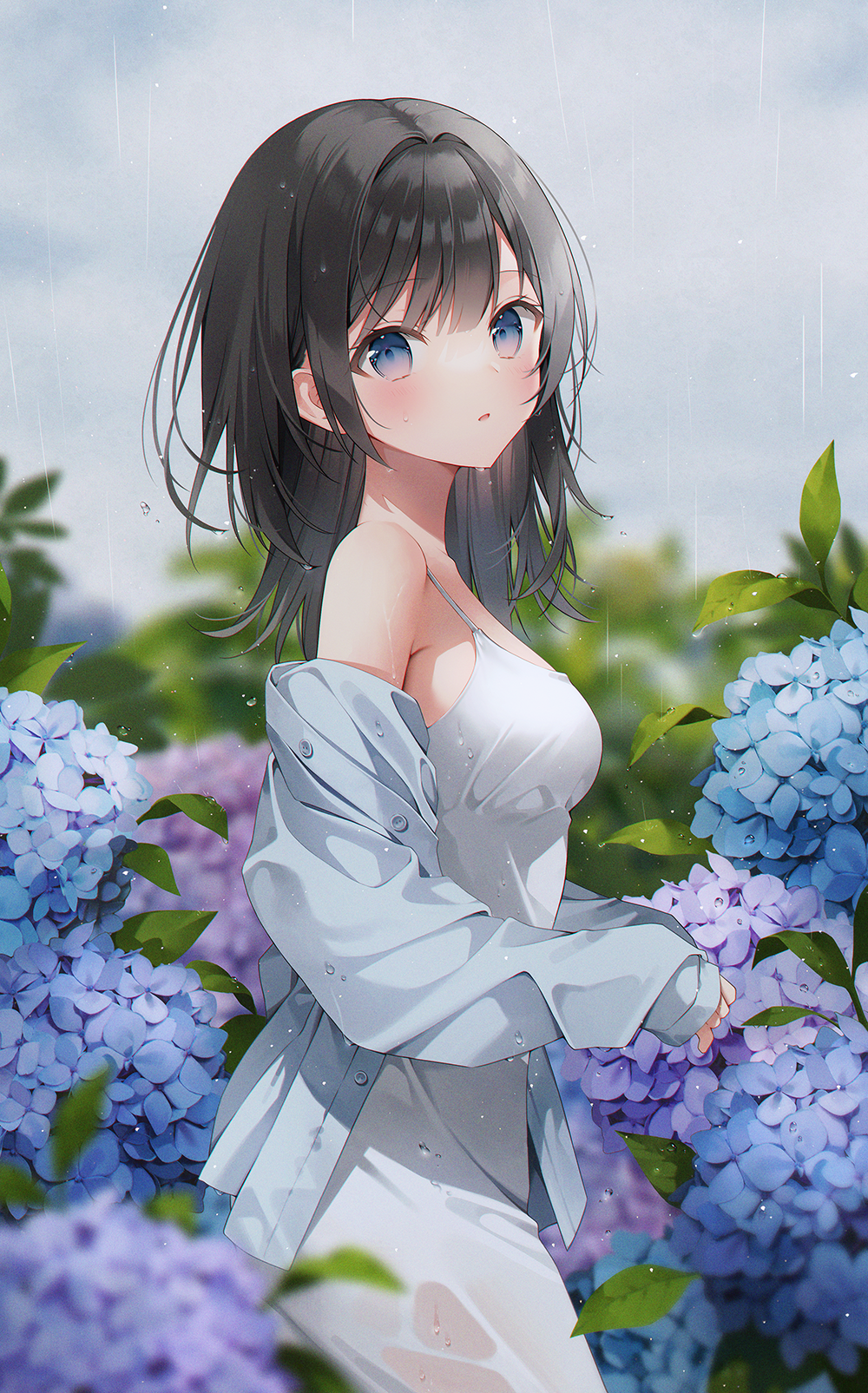 1girl :o bangs black_hair blue_eyes blue_flower blue_jacket blurry blurry_background blush clouds cloudy_sky cowboy_shot detached_sleeves field floral_background flower flower_field gradient_eyes grey_background highres jacket looking_at_viewer medium_hair multicolored_eyes open_mouth original pants purple_flower rain see-through shirt sky solo standing water_drop weri wet wet_clothes white_pants white_shirt