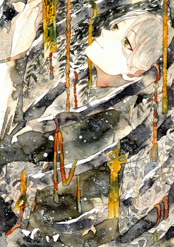 1boy bangs cage closed_mouth grey_hair hair_between_eyes hand_up light_particles long_sleeves looking_away looking_up male_focus original painting_(medium) plant potato_(popopopopo623) ribbon rope short_hair skeleton smile solo tassel traditional_media upper_body watercolor_(medium) yellow_eyes yellow_theme