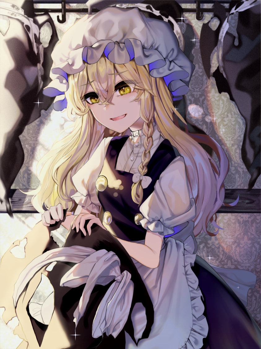 1girl alternate_headwear black_headwear blonde_hair bow braid hat holding holding_clothes holding_hat ishikawa_sparerib kirisame_marisa long_hair mob_cap open_mouth puffy_sleeves short_sleeves solo touhou white_bow witch_hat yellow_eyes