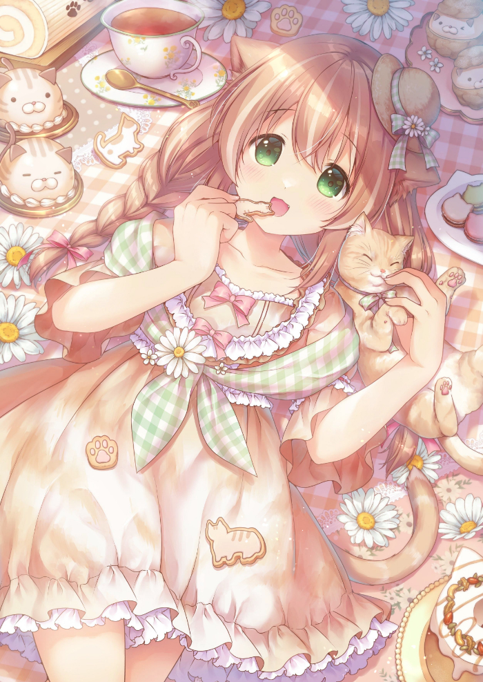 1girl :3 :d animal animal_ears bangs blush bow braid brown_hair cake cat cat_ears cat_girl cat_tail cookie cream_puff cup daisy dress dress_bow fang floral_print flower food frilled_dress frills green_eyes hair_ribbon hands_up hat hat_flower hat_ribbon holding holding_food kemamire long_hair looking_at_viewer lying macaron mini_hat multicolored_hair on_back open_mouth orange_cat original petticoat plaid_blanket plaid_shawl plate ribbon saucer shawl smile solo spoon streaked_hair sun_hat swiss_roll tail teacup twin_braids two-tone_hair white_hair