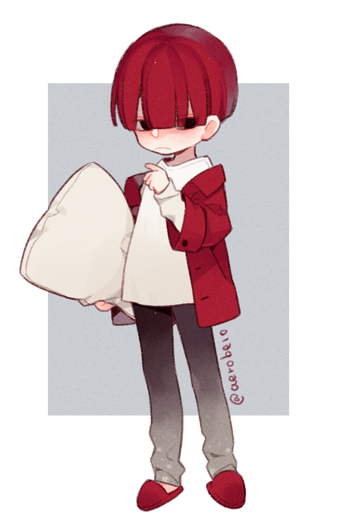 1boy bangs black_pants blunt_bangs bowl_cut carrying carrying_under_arm chibi closed_mouth frown full_body grey_background hair_over_eyes hand_up holding holding_pillow jacket light_particles long_sleeves looking_at_viewer male_focus off_shoulder open_clothes open_jacket original pants pillow red_footwear red_jacket redhead shirt short_hair slippers solo standing twitter_username uhui white_shirt