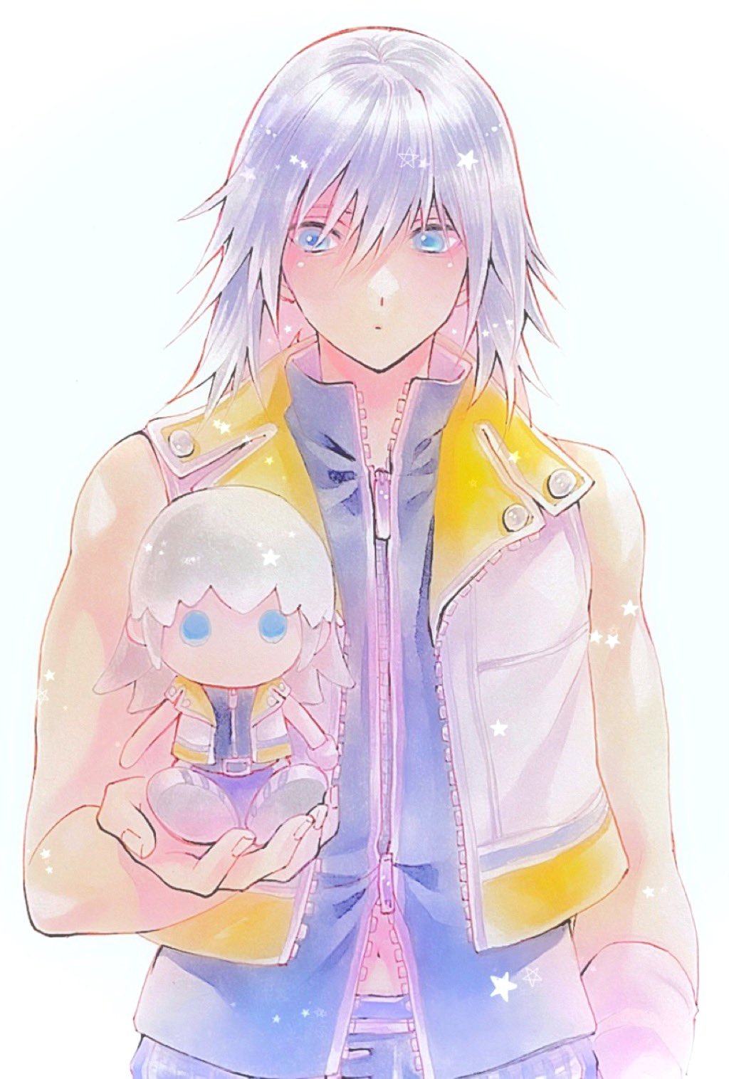 1boy bare_arms belt blue_eyes cropped_vest grey_hair grey_shirt hair_between_eyes highres holding holding_stuffed_toy kingdom_hearts kingdom_hearts_ii looking_at_object male_focus medium_hair midriff_peek multicolored_vest muscular muscular_male riku_(kingdom_hearts) ruy shiny shiny_hair shirt sleeveless sleeveless_shirt solo stuffed_toy upper_body vest white_background