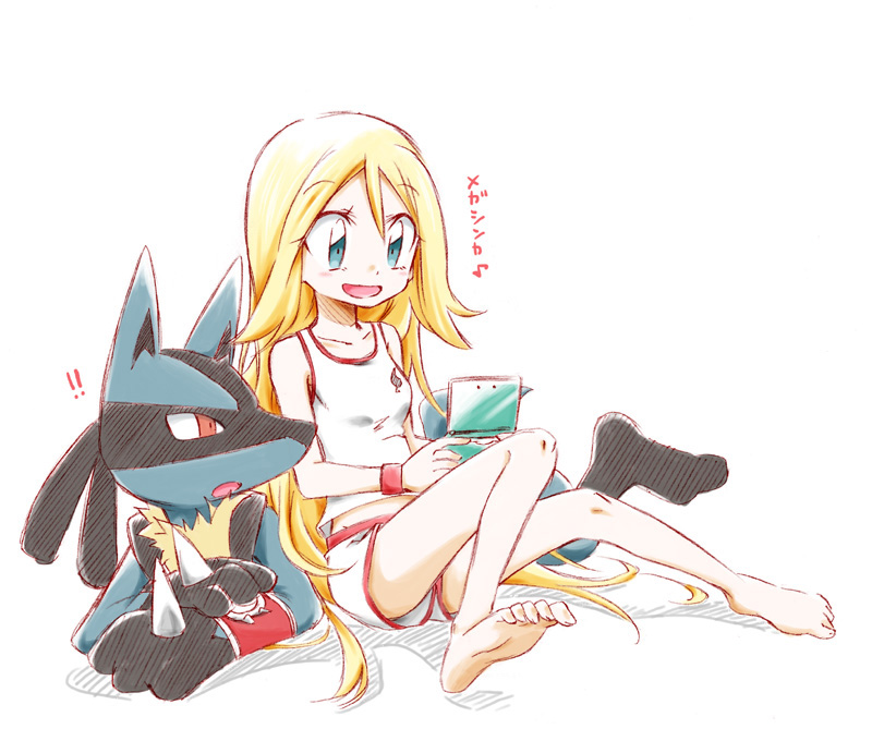 1girl barefoot blone_hair blue_eyes korrina_(pokemon) long_hair lucario nintendo_3ds pajamas pokemon pokemon_xy sitting soles toes white_shorts white_tank_top wristband