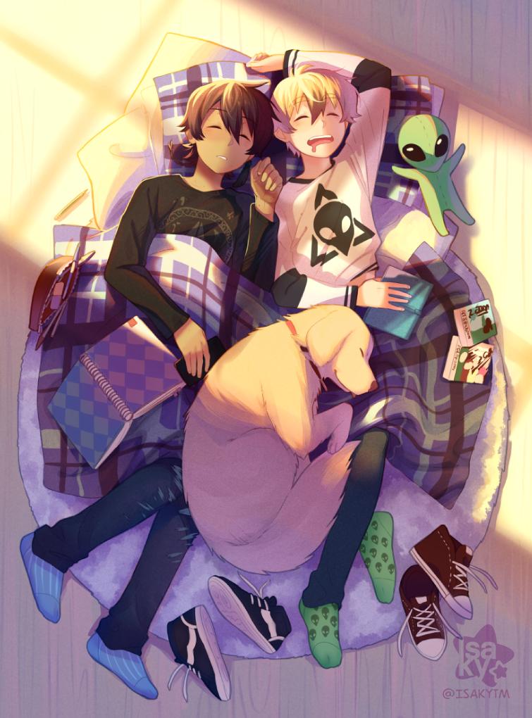 2boys ahoge artist_name black_hair blanket blonde_hair blue_socks book closed_eyes david_(lalin's_curse) felix_(lalin's_curse) floor green_socks hair_between_eyes isakysaku lalin's_curse long_sleeves multiple_boys open_mouth pants pillow saliva shirt shoelaces shoes sleeping socks stuffed_toy sunlight tail teeth