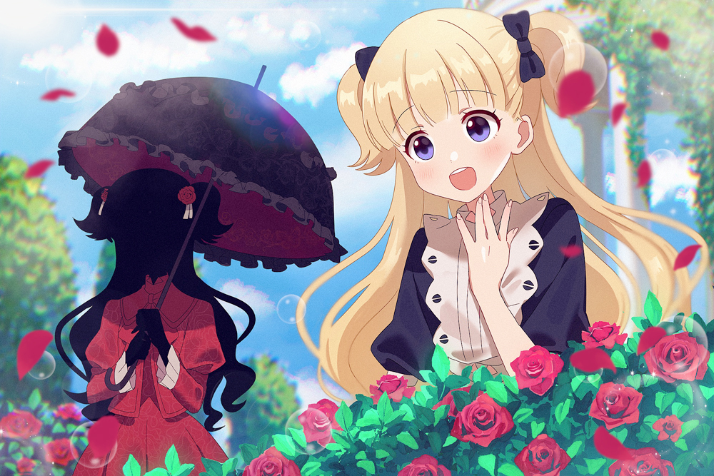 2girls bangs black_skin blonde_hair blue_bow blue_dress blue_eyes blunt_bangs bow bush colored_skin commentary_request day dress emilico_(shadows_house) falling_petals flower frilled_umbrella frills hair_bow hair_flower hair_ornament hand_up holding holding_umbrella kate_(shadows_house) long_sleeves multiple_girls open_mouth outdoors parasol petals red_dress red_flower red_rose rose rose_bush rose_petals shadow_(shadows_house) shadows_house smile sunlight tkkr two_side_up umbrella upper_body