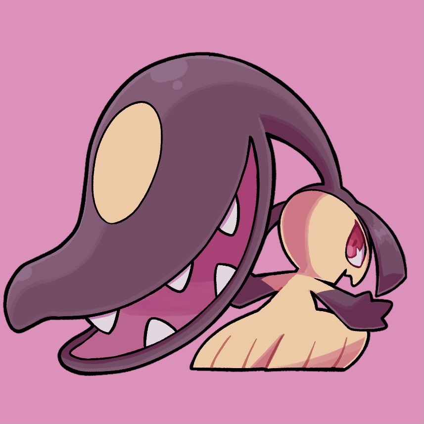 bear_ringer commentary_request extra_mouth full_body looking_back mawile open_mouth outstretched_arms pink_background pokemon pokemon_(creature) red_eyes simple_background solo