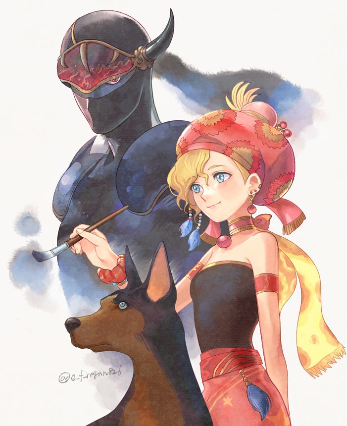 1boy 1girl arm_behind_back armband armor black_bodysuit black_shirt blonde_hair blue_eyes bodysuit bracelet breasts choker doberman dog earrings final_fantasy final_fantasy_vi hair_between_eyes holding holding_paintbrush interceptor_(ff6) jewelry mask mouth_mask multiple_earrings ninja_mask paintbrush painting_(action) red_eyes red_headwear regan_(hatsumi) relm_arrowny shadow_(ff6) shirt short_hair shoulder_armor small_breasts smile strapless tube_top twitter_username upper_body visor wavy_hair white_background