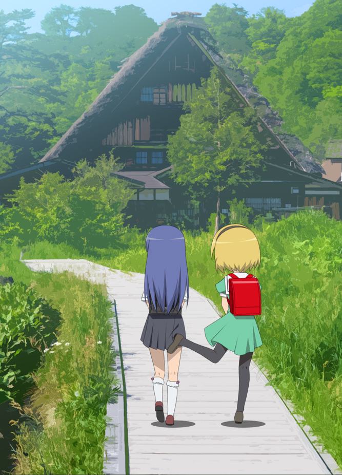 2girls backpack bag black_footwear black_hairband black_skirt blonde_hair blue_hair blue_sky brown_footwear building commentary day dress english_commentary facing_away from_behind furude_rika gaou_(babel) grass green_dress hairband higurashi_no_naku_koro_ni houjou_satoko kicking kneehighs loafers long_hair multiple_girls outdoors pantyhose parody path puffy_short_sleeves puffy_sleeves randoseru sailor_collar sailor_dress scene_reference school_uniform shirt shoes short_hair short_sleeves skirt sky socks stand_by_me tree very_long_hair white_sailor_collar white_shirt window