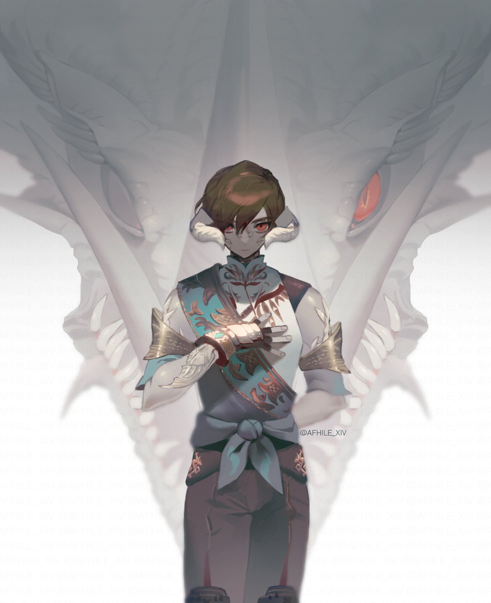 1boy afhile arm_behind_back au_ra bangs black_gloves brown_hair brown_pants collared_shirt commentary curled_horns detached_sleeves dragon dragon_horns dual_persona feet_out_of_frame final_fantasy final_fantasy_xiv fingerless_gloves gloves hand_on_own_chest highres horns looking_at_viewer male_focus missing_eye pants red_eyes sash scales sharp_teeth shirt short_hair simple_background sleeveless sleeveless_shirt slit_pupils smile standing straight-on swept_bangs teeth twitter_username varshahn vrtra white_background white_shirt