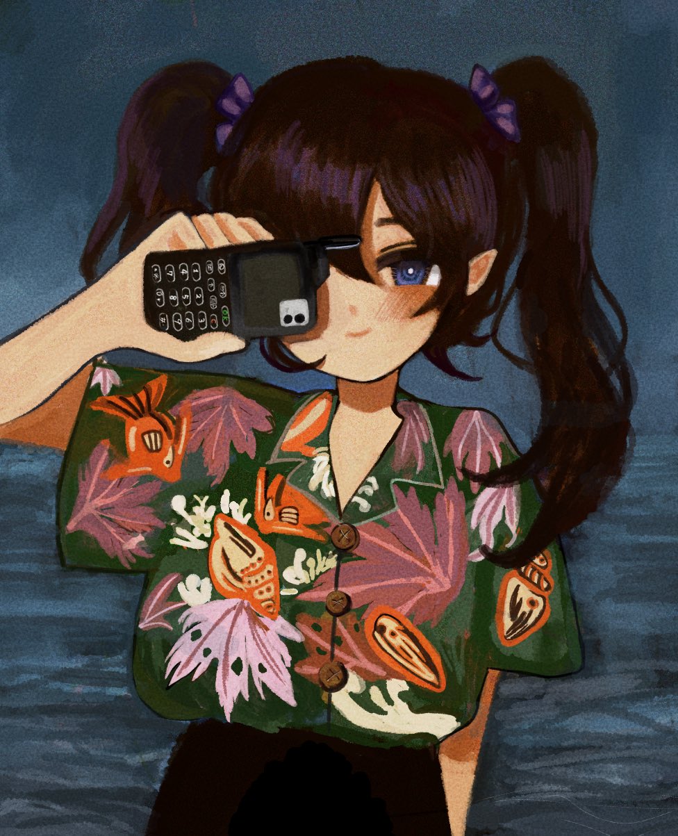 1girl alternate_costume animal_print black_skirt blush buttons cellphone collared_shirt commentary_request contemporary fish_print floral_print green_shirt hawaiian_shirt hell0120 highres himekaidou_hatate holding holding_phone long_hair looking_at_viewer one_eye_covered phone pointy_ears purple_hair satellite_phone shirt shirt_tucked_in short_sleeves skirt smile solo touhou twintails upper_body violet_eyes