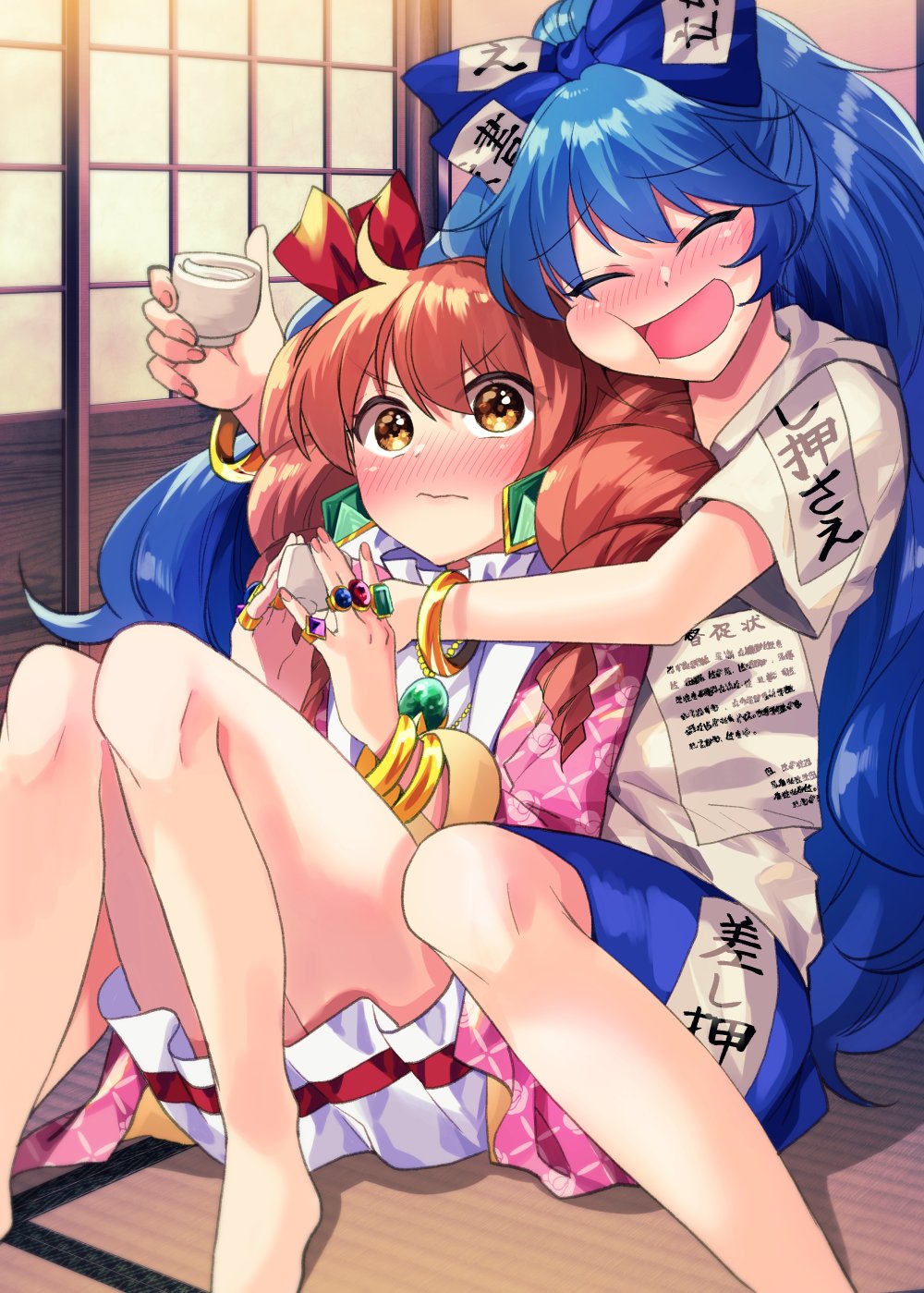 2girls alcohol bangle blue_bow blue_hair blush bow bracelet cheek_press choko_(cup) closed_eyes commentary_request cup debt drill_hair drunk gem hair_bow highres indoors jewelry katayama_kei long_hair multiple_girls multiple_rings necklace no_hat no_headwear open_mouth orange_hair pendant ring sake shouji siblings sisters sliding_doors tatami touhou twin_drills wavy_mouth yellow_eyes yorigami_jo'on yorigami_shion