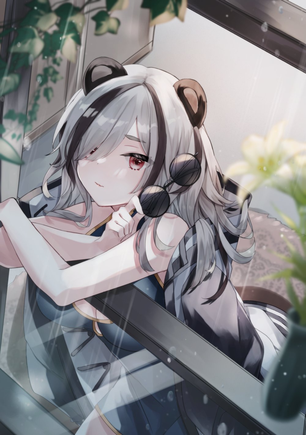 1girl animal_ears arknights blurry blurry_foreground breasts china_dress chinese_clothes dress eyewear_removed feater_(arknights) flower grey_hair hair_down highres large_breasts leaning_on_rail long_hair multicolored_hair panda_ears rain red_eyes saiko_(saisaka) streaked_hair sunglasses