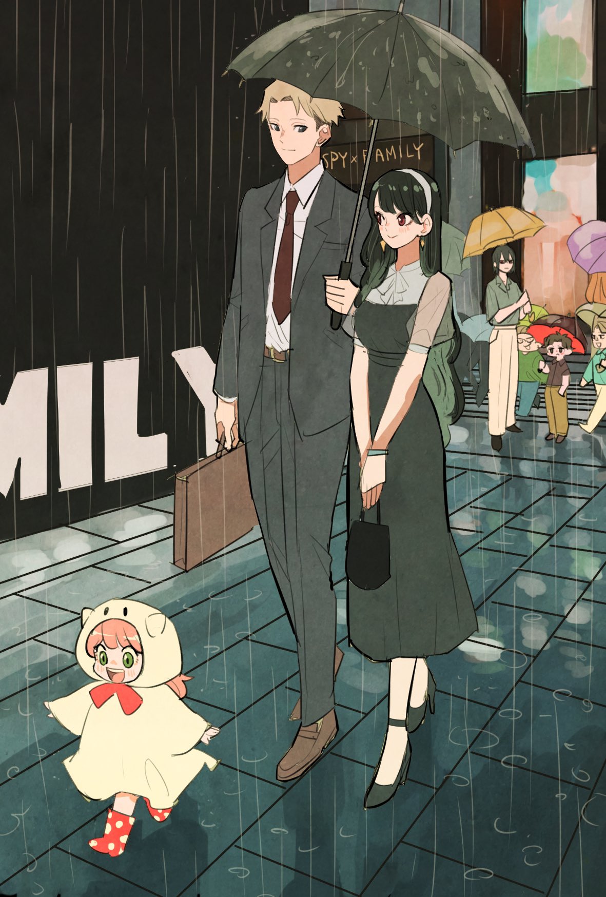 2girls 5boys :d anya_(spy_x_family) bag black_dress black_hair black_umbrella blonde_hair boots brown_footwear copyright_name dress family female_child formal green_eyes hairband handbag highres holding holding_bag holding_suitcase holding_umbrella multiple_boys multiple_girls pink_hair pink_umbrella rain raincoat red_eyes red_tie ryosuketarou smile spy_x_family suit suitcase twilight_(spy_x_family) umbrella white_hairband yellow_umbrella yor_briar yuri_briar