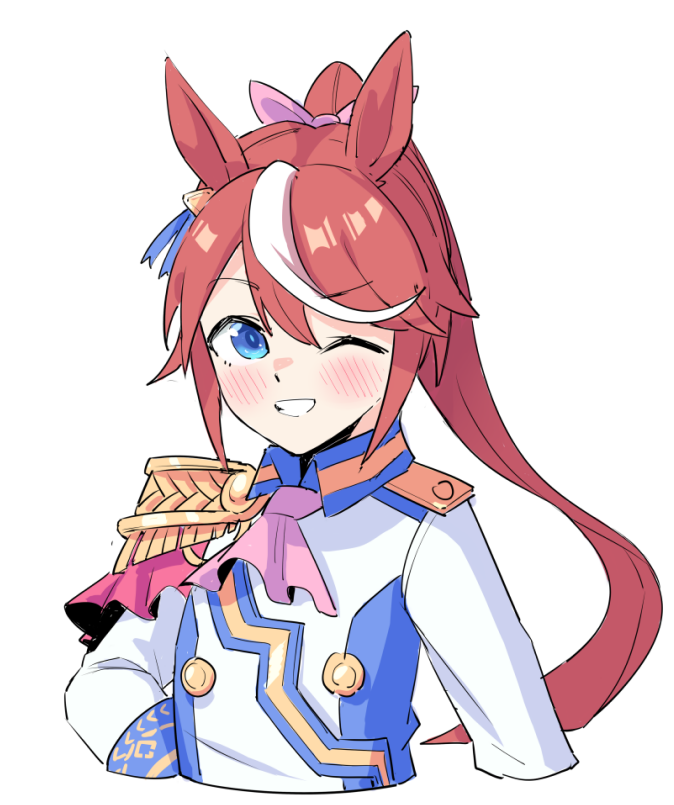 1girl animal_ears ascot ayuuuuuu bangs blue_eyes blush brown_hair cropped_torso epaulettes grin horse_ears jacket long_sleeves looking_at_viewer multicolored_hair one_eye_closed pink_ascot ponytail simple_background single_epaulette smile solo streaked_hair teeth tokai_teio_(umamusume) umamusume upper_body white_background white_jacket