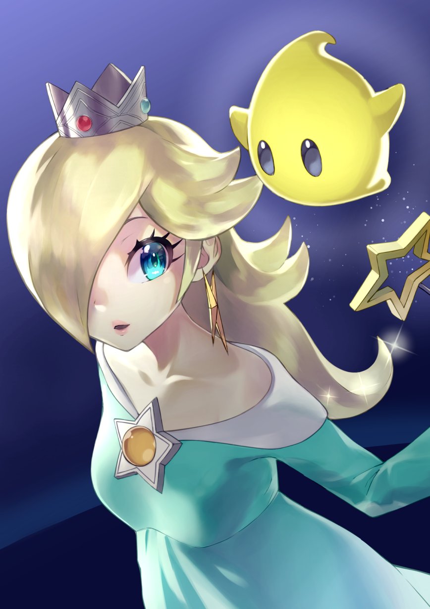 1girl blonde_hair blue_dress blue_eyes brooch collarbone crown dress earrings hair_over_one_eye highres jewelry long_hair long_sleeves luma_(mario) parted_lips rindoriko rosalina star_(symbol) star_earrings super_mario_bros. super_mario_galaxy upper_body wand