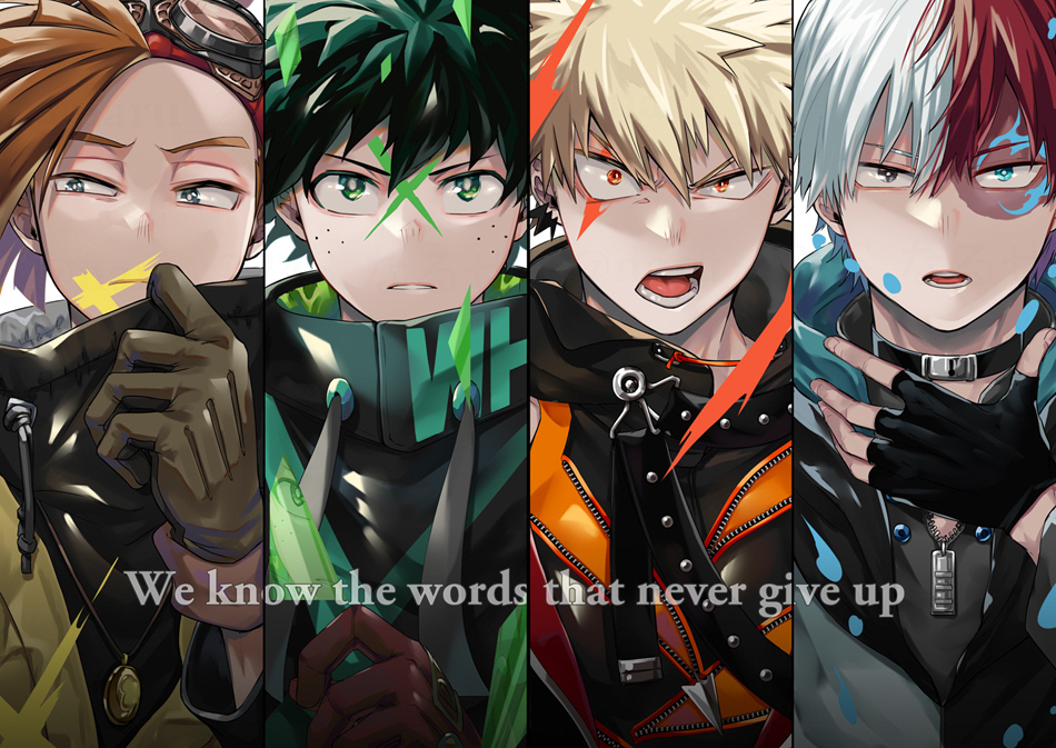 4boys bakugou_katsuki black_choker black_gloves blonde_hair blue_eyes bodysuit boku_no_hero_academia brown_gloves brown_hair burn_scar choker english_text eyewear_on_head facepaint facial_mark fingerless_gloves foreground_text freckles gloves goggles goggles_on_head green_bodysuit green_eyes green_hair grey_eyes heterochromia jewelry lineup looking_at_viewer male_focus midoriya_izuku multicolored_hair multiple_boys naruse_(naru_224s) necklace open_mouth orange_eyes red_gloves redhead rody_soul scar scar_on_face scowl spiky_hair split-color_hair todoroki_shouto two-tone_hair white_hair zipper_pull_tab