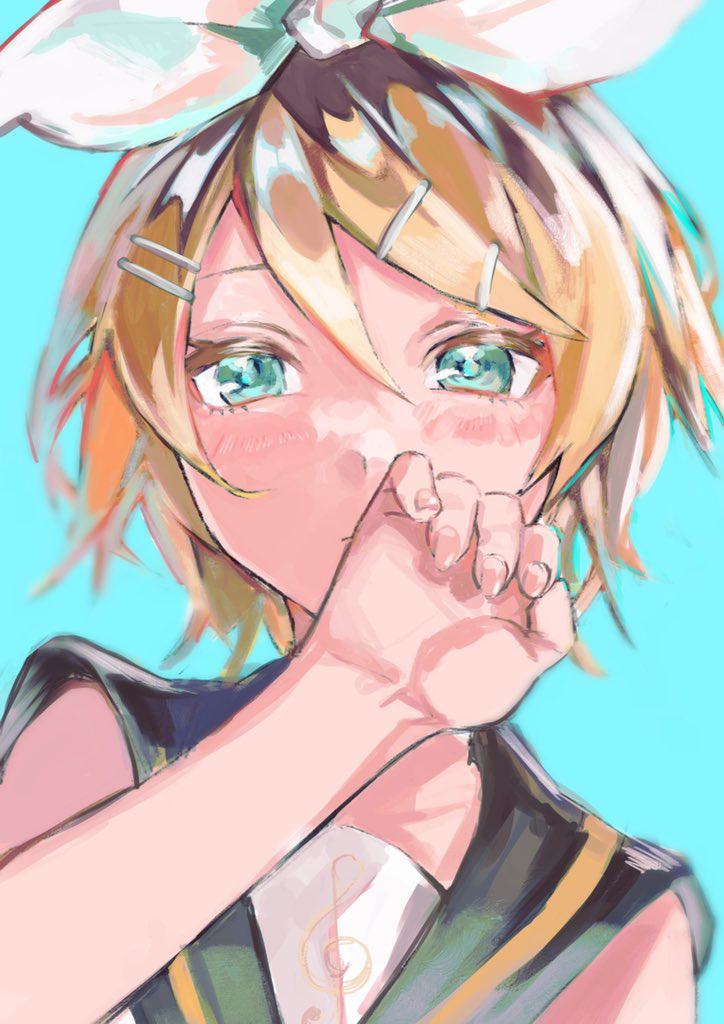 1girl aqua_background aqua_eyes blonde_hair blush bow closed_mouth drawing_alpaca fingernails hair_between_eyes hair_bow hair_ornament hairclip kagamine_rin looking_at_viewer short_hair simple_background solo upper_body vocaloid white_bow