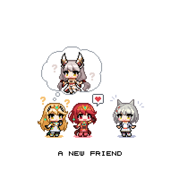 3reforged 4girls animal_ears cat_ears chest_jewel facial_mark highleg highleg_leotard leotard long_hair low_twintails mio_(xenoblade) multiple_girls mythra_(xenoblade) nia_(blade)_(xenoblade) nia_(xenoblade) pixel_art pyra_(xenoblade) simple_background twintails very_long_hair white_background xenoblade_chronicles_(series) xenoblade_chronicles_2 xenoblade_chronicles_3 yellow_eyes