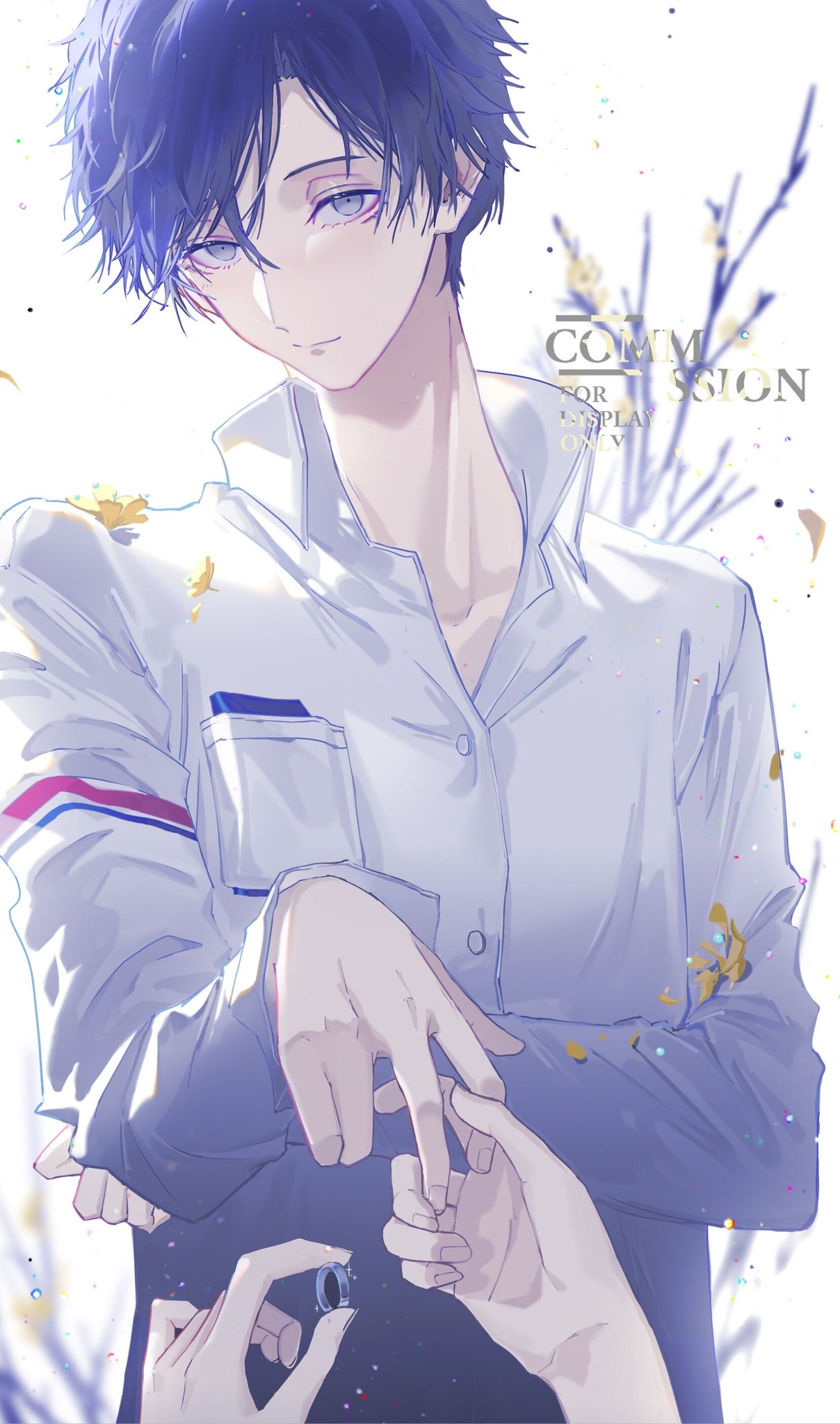 1boy bangs bishounen byuey commission crossed_arms eyeliner head_tilt highres holding_hands jewelry light_particles light_smile looking_at_viewer makeup male_focus original pocket ring short_hair solo sparkle swept_bangs upper_body