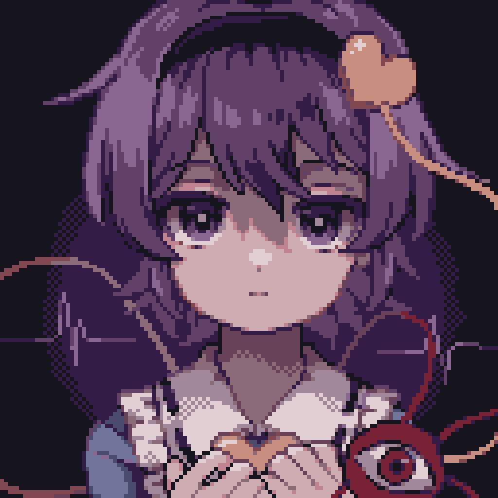 1girl ahiru_tokotoko bangs black_background black_hairband closed_mouth hairband heart komeiji_satori looking_at_viewer pixel_art purple_hair short_hair simple_background solo third_eye touhou upper_body violet_eyes