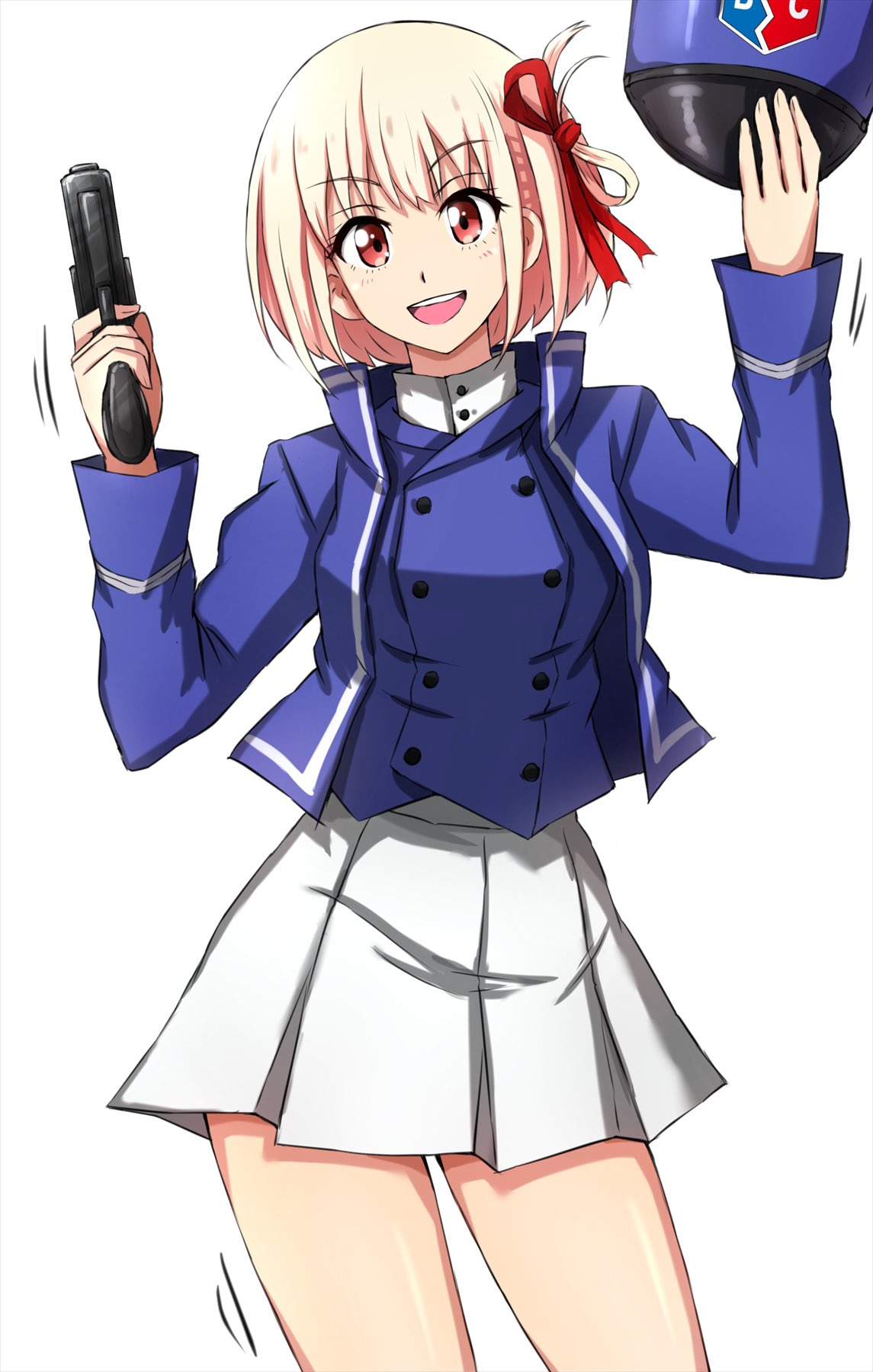 1girl :d alternate_costume bc_freedom_(emblem) bc_freedom_military_uniform blonde_hair blue_headwear blue_jacket blue_vest bob_cut cowboy_shot dress_shirt emblem finger_on_trigger girls_und_panzer gun hair_ribbon hat headwear_removed high_collar highres holding holding_clothes holding_gun holding_hat holding_weapon jacket kepi long_sleeves looking_at_viewer lycoris_recoil military_hat miniskirt nishikigi_chisato omachi_(slabco) pleated_skirt red_eyes red_ribbon ribbon shirt short_hair simple_background skirt smile solo vest weapon white_background white_shirt white_skirt