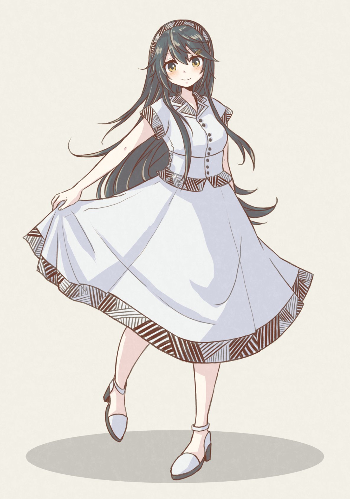 1girl alternate_costume black_hair cocax_x dress full_body hair_between_eyes hair_ornament hairband hairclip haruna_(kancolle) high_heels highres kantai_collection long_hair looking_at_viewer short_sleeves simple_background smile solo standing standing_on_one_leg white_background white_dress white_footwear yellow_eyes